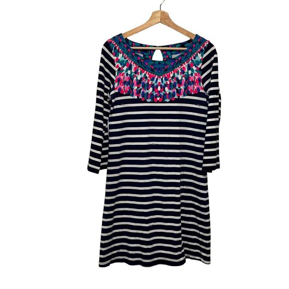 Lilly Pulitzer Navy Striped 3/4 Sleeves & Floral Embroidery Women's Dress Size S